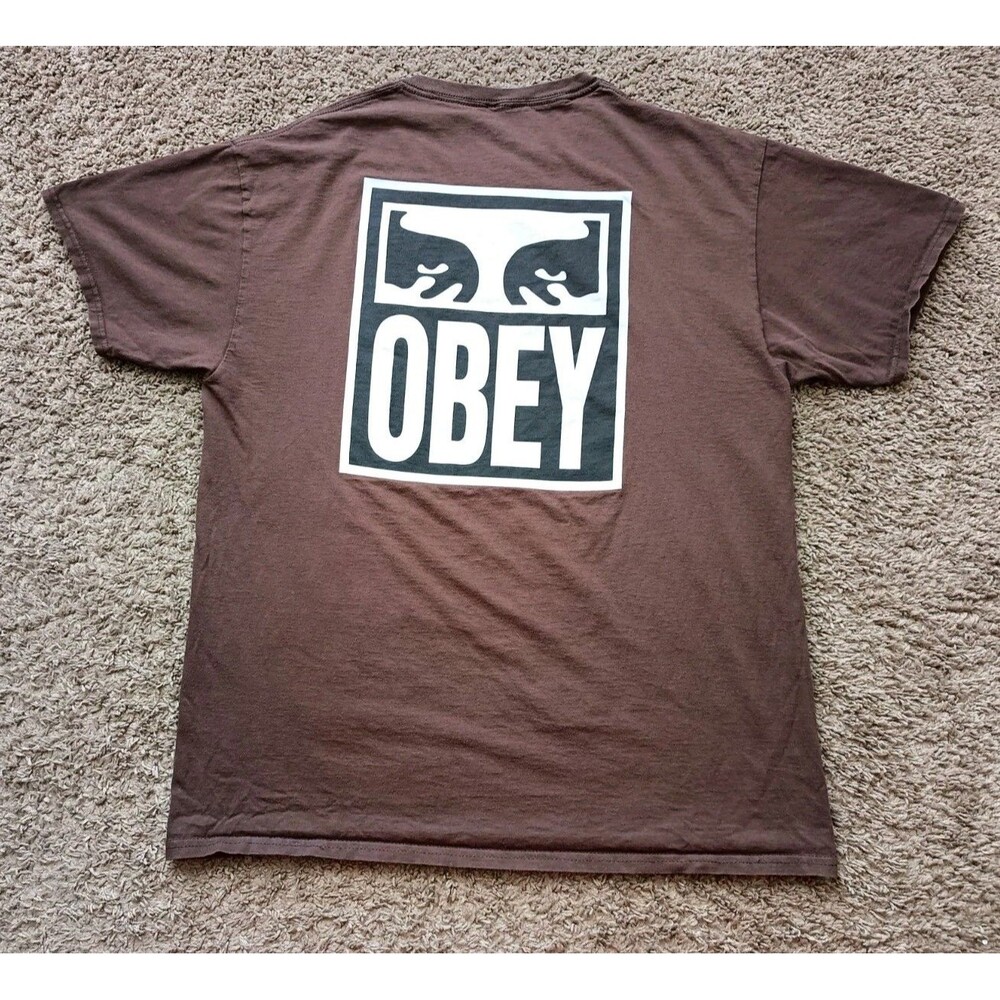 Obey Vision Of Obey T-Shirt Men's Size Large Graphic Print Brown Short Sleeve